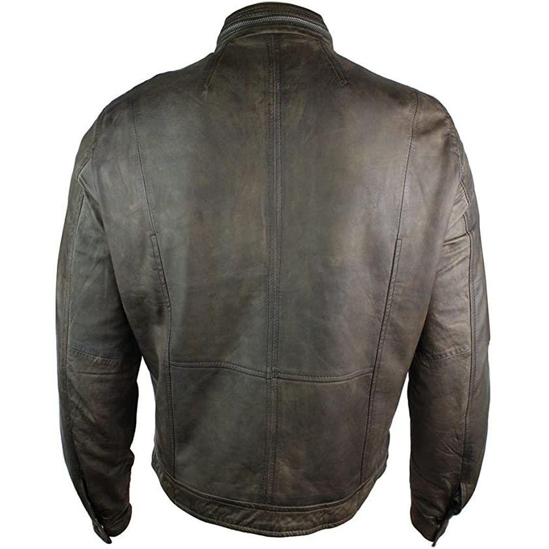 Mens Short Zipped Casual Wine Burgundy Real Leather Retro Biker Jacket Washed Vintage - Knighthood Store