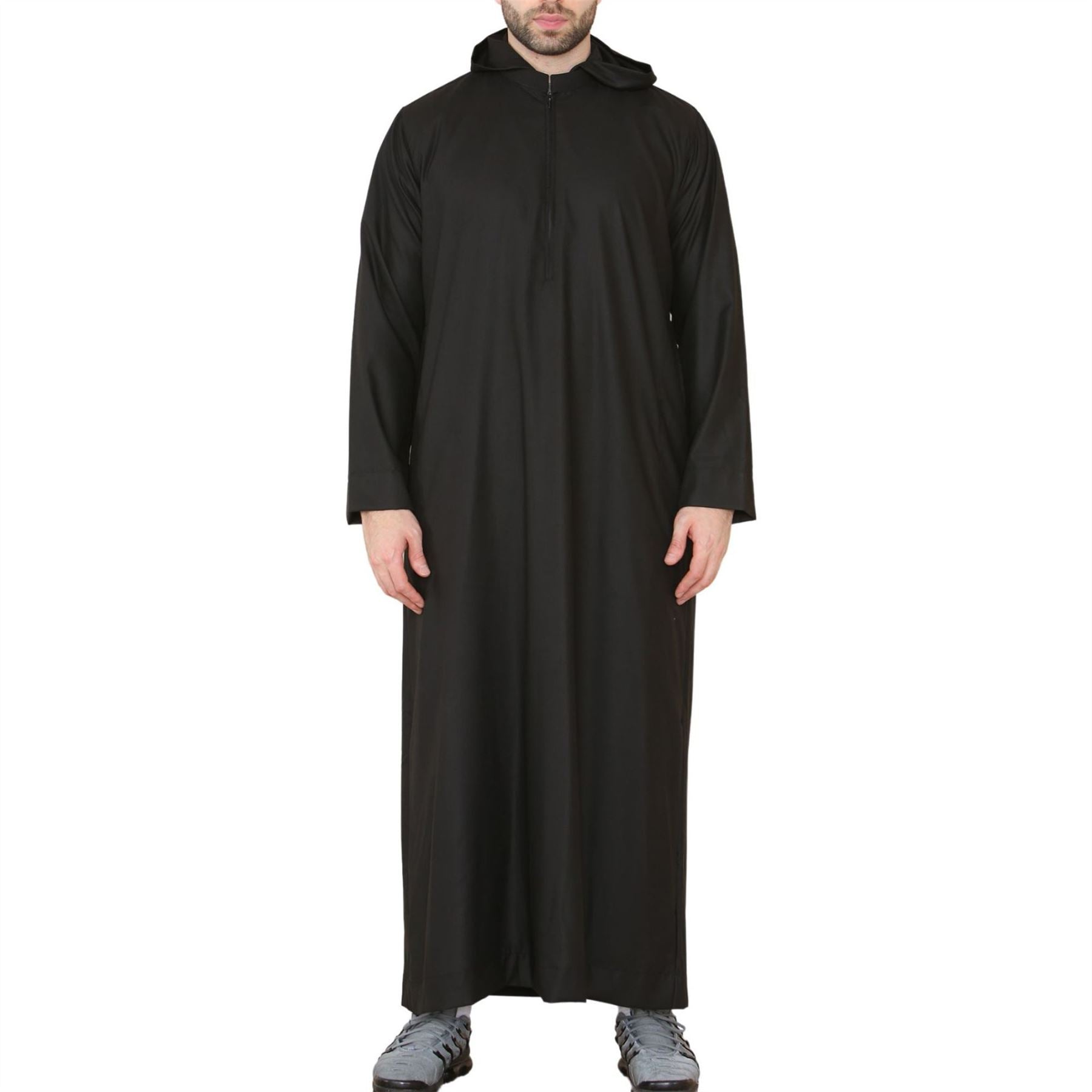 Mens Hooded Thobe Hood Jubba Nehru Stand Collar Islamic Clothing Muslim Kaftan Robe Saudi Slim Regular Fit