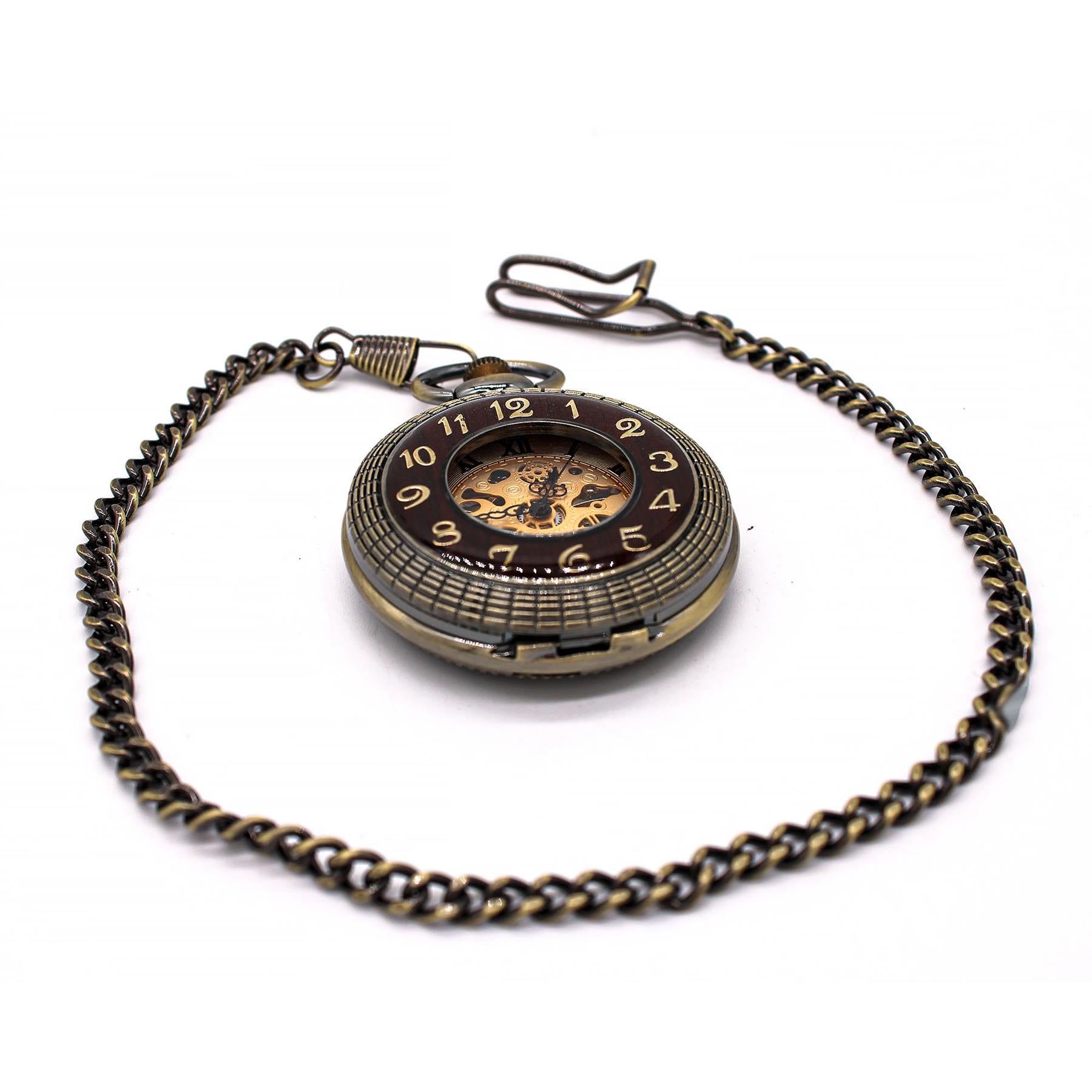 Mechanical Skeleton Wooden Half Hunter Pocket Watch