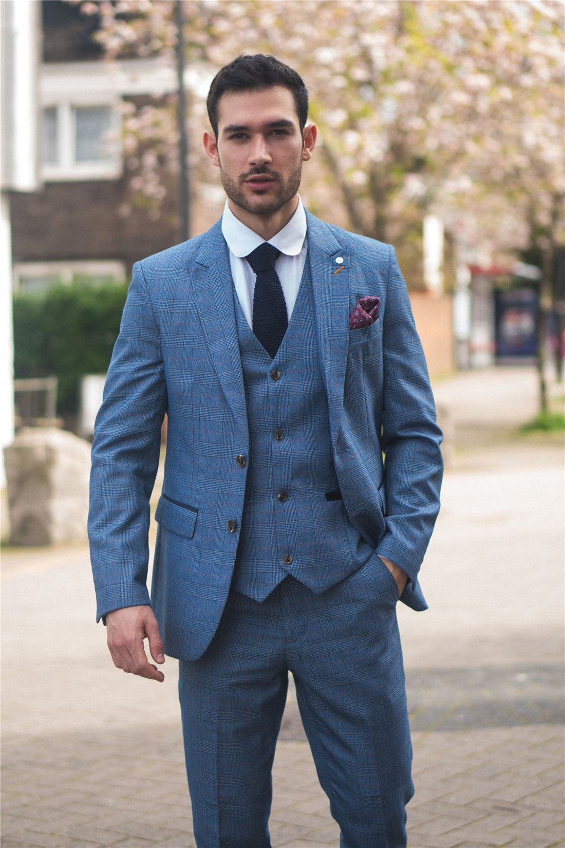 Men's Suit 3 Piece Blue Checked Classic Plaid Tailored Fit Formal Dress