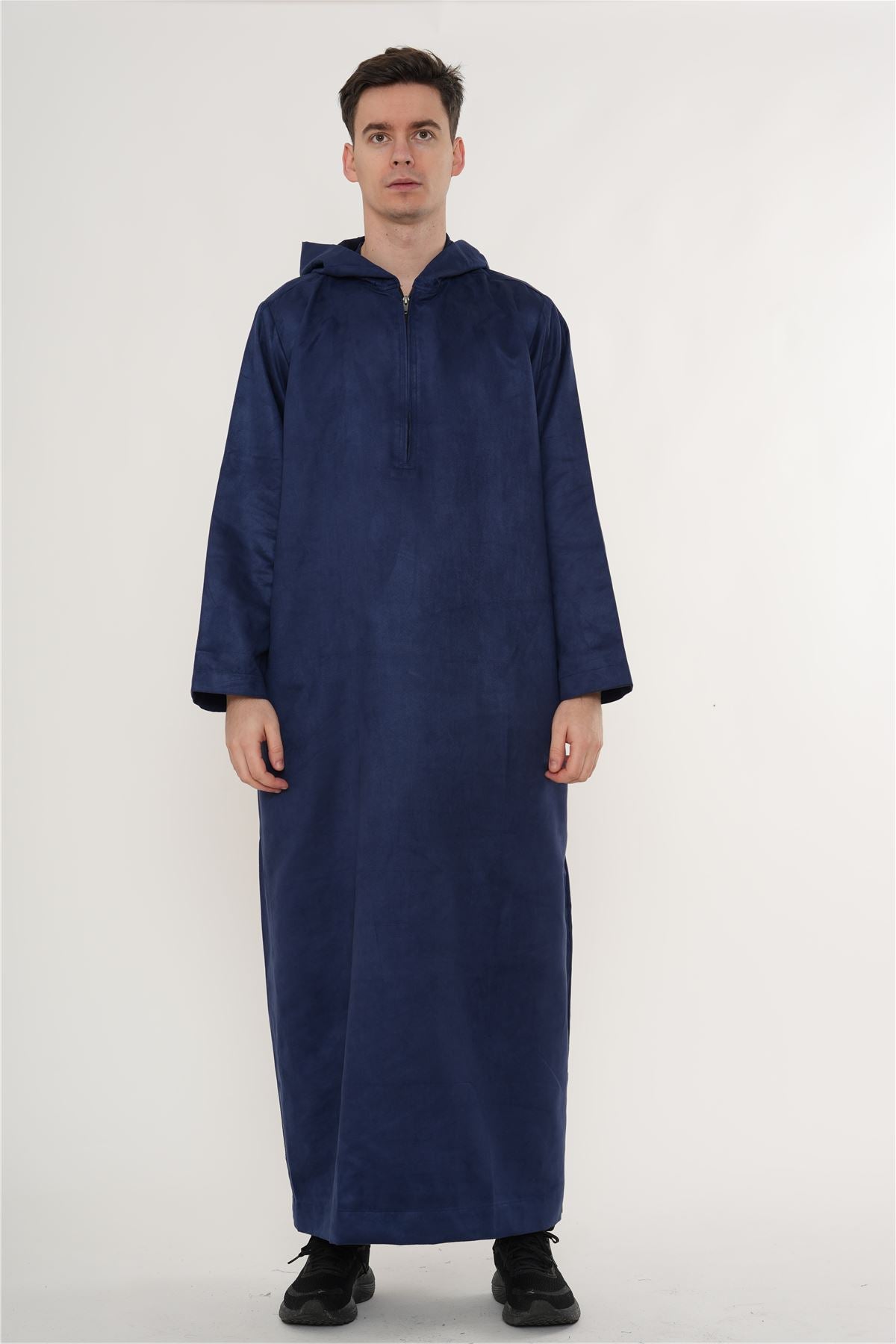 HM12 - Men's Hooded Suede Thobe Emirati Omani Zipped Thobe