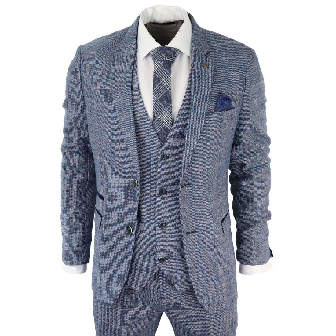 Mens 3 Piece Suit Sky Blue Check Wool Feel Marc Darcy Tailored Fit Wedding Prom Harry - Knighthood Store