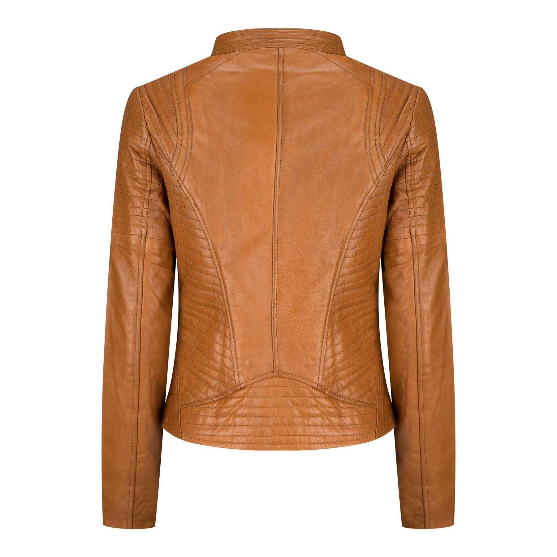 Ladies Real Leather Jacket Short Fitted Bikers Style Vintage Tan Brown Rock - Knighthood Store