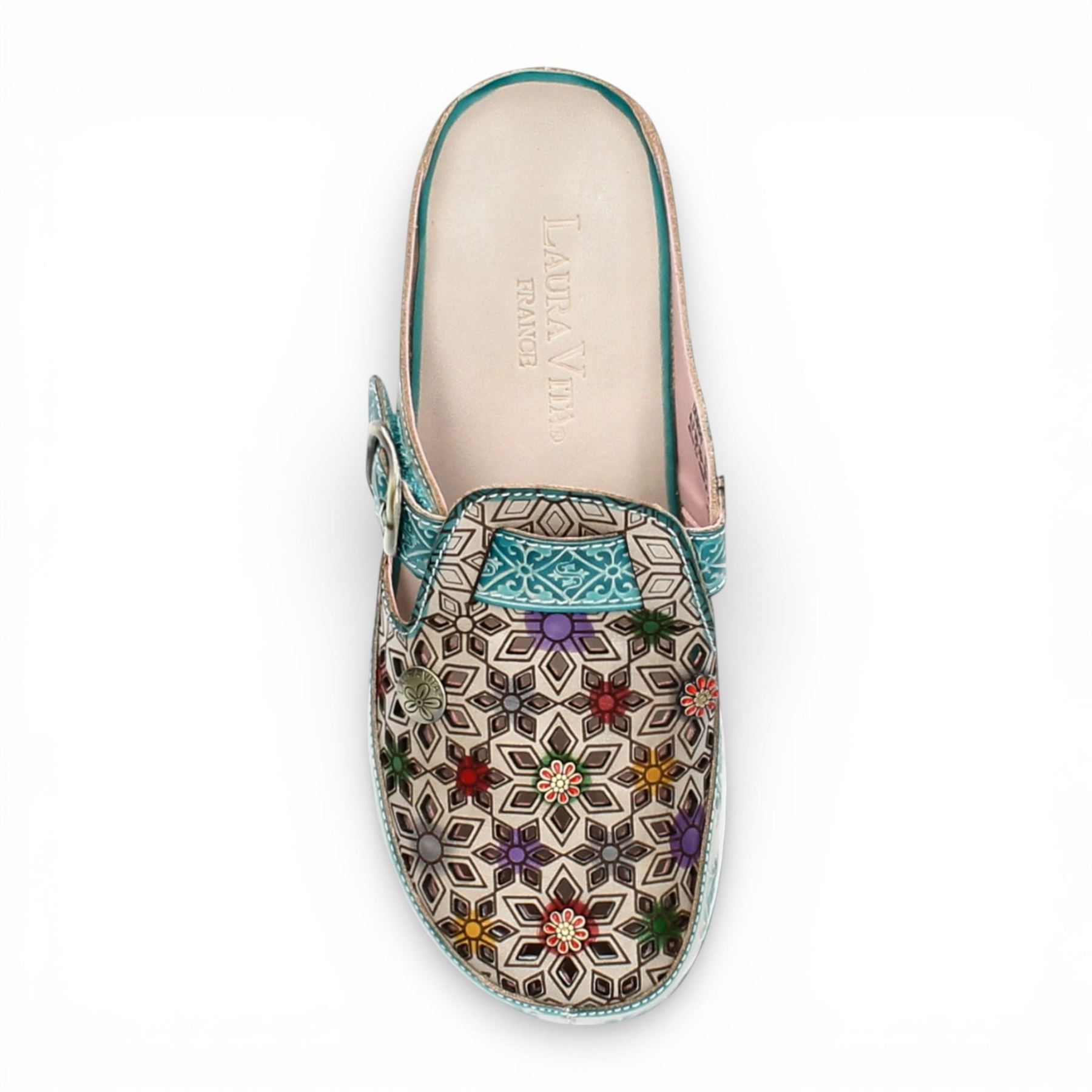 Dorry 01 - Women’s Floral Blue Leather Wedge Slipper
