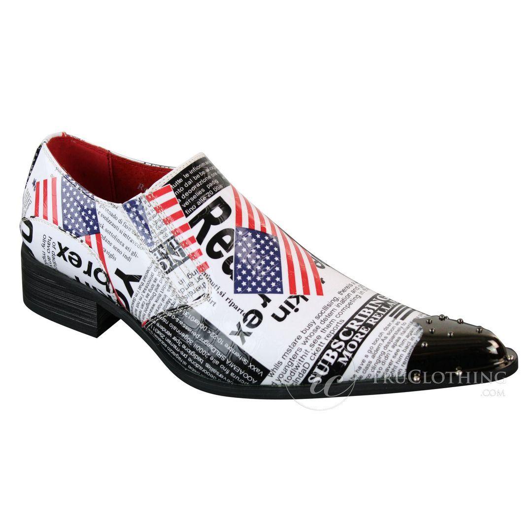 Mens Metal Toe Cowboy Western Pointed US Flag White Fancy Riding Shoes Slip On - Knighthood Store