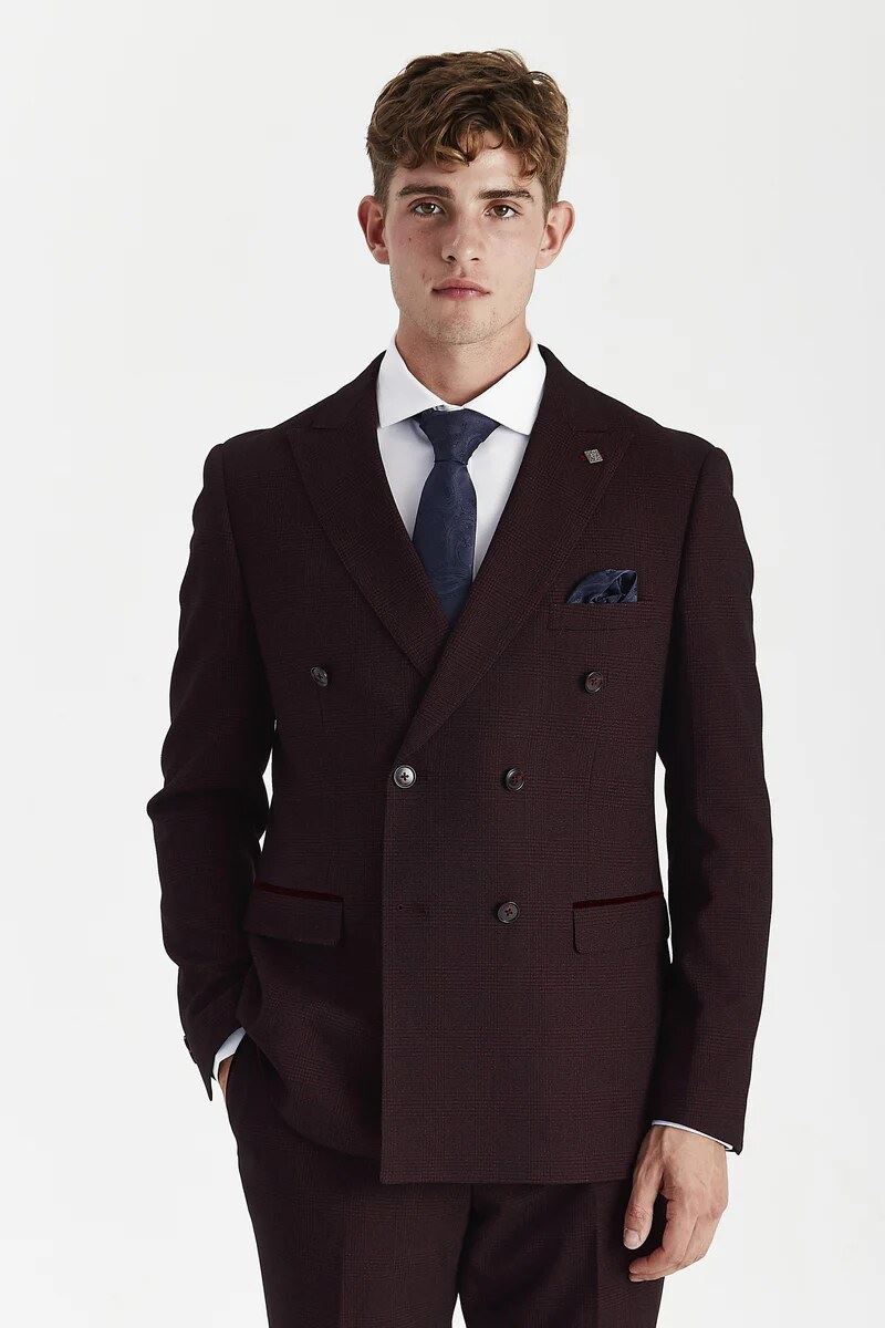 Regent - Men's Brugundy Checked Double Breasted Blazer