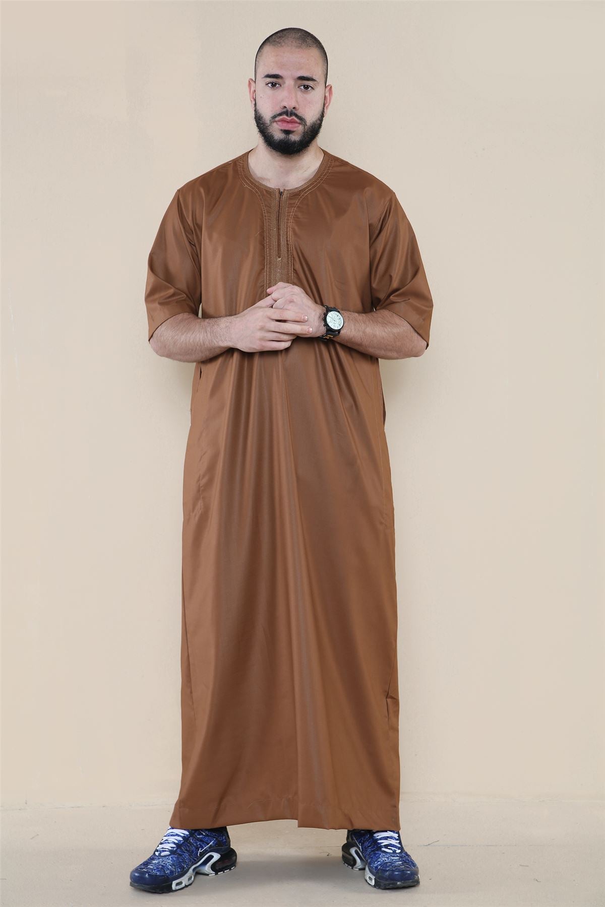 Mens Thobe Jubba Islamic Clothing Kaftan Half Sleeve Robe Moroccan Arab Zipped