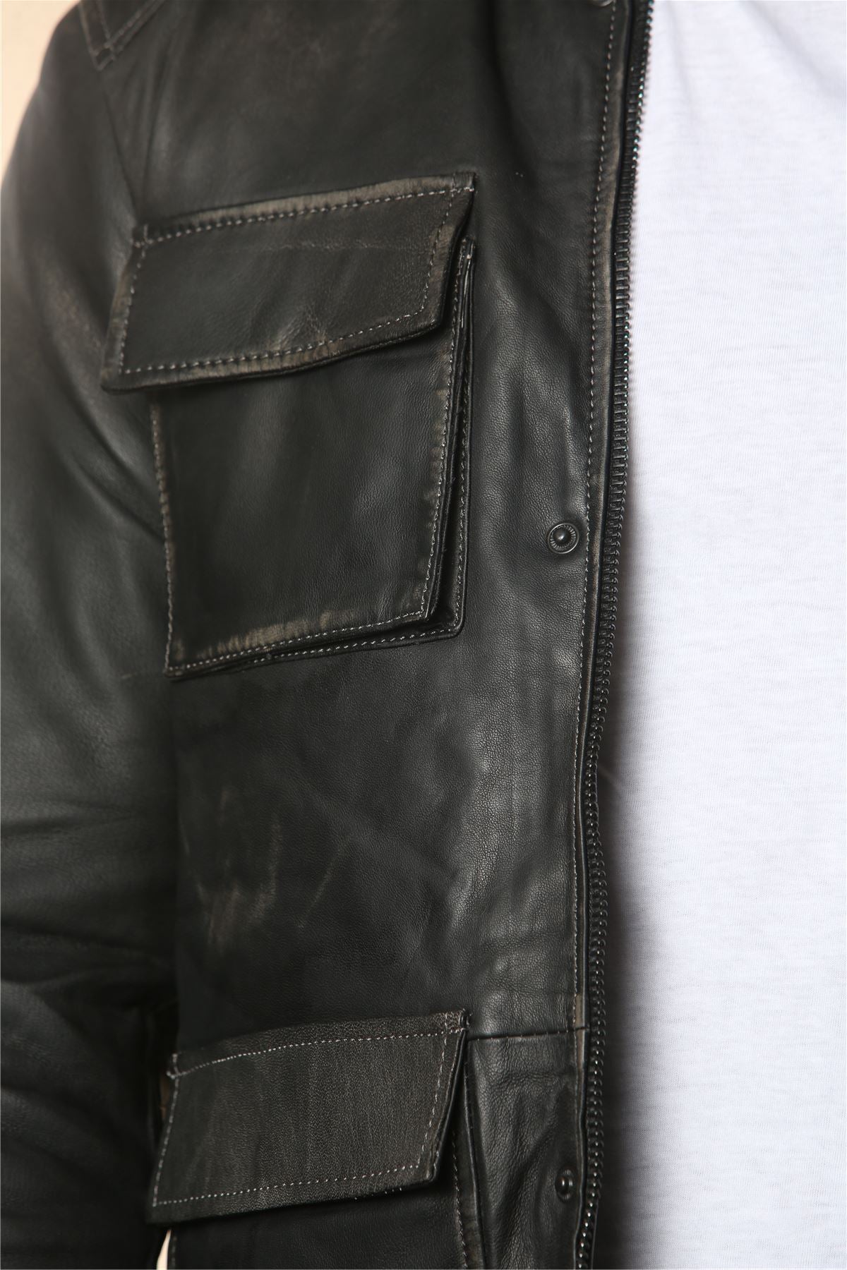 Men's Vintage Black Leather Safari Parka Jacket