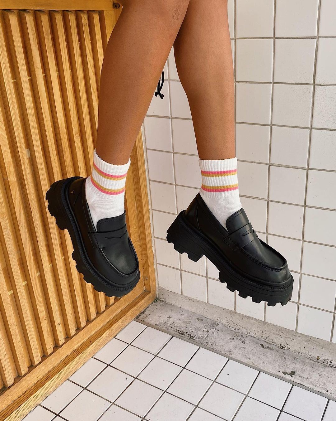 True - Women's Black Slip On Chunky Leather Loafers