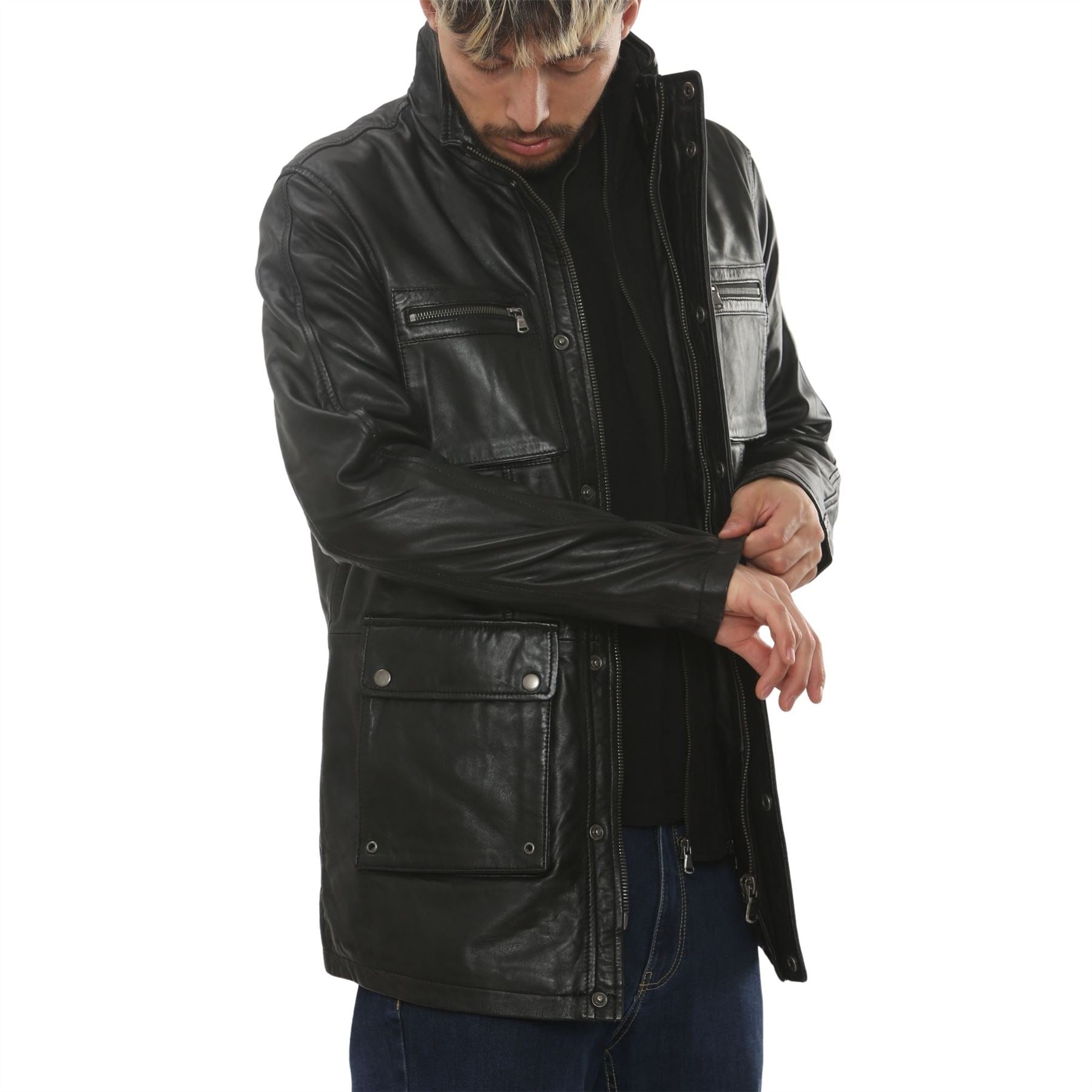 Men's Lambskin Leather Stand Collar Field Jacket
