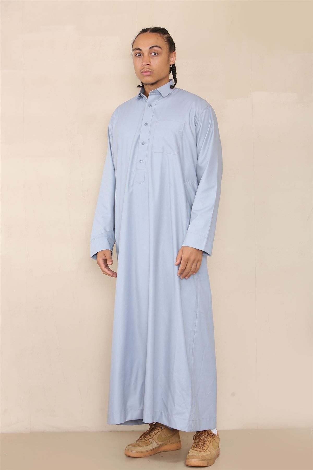 Mens Thobe Jubba Turn Down Collar Islamic Muslim Cotton Kaftan Dress Robe Arabic