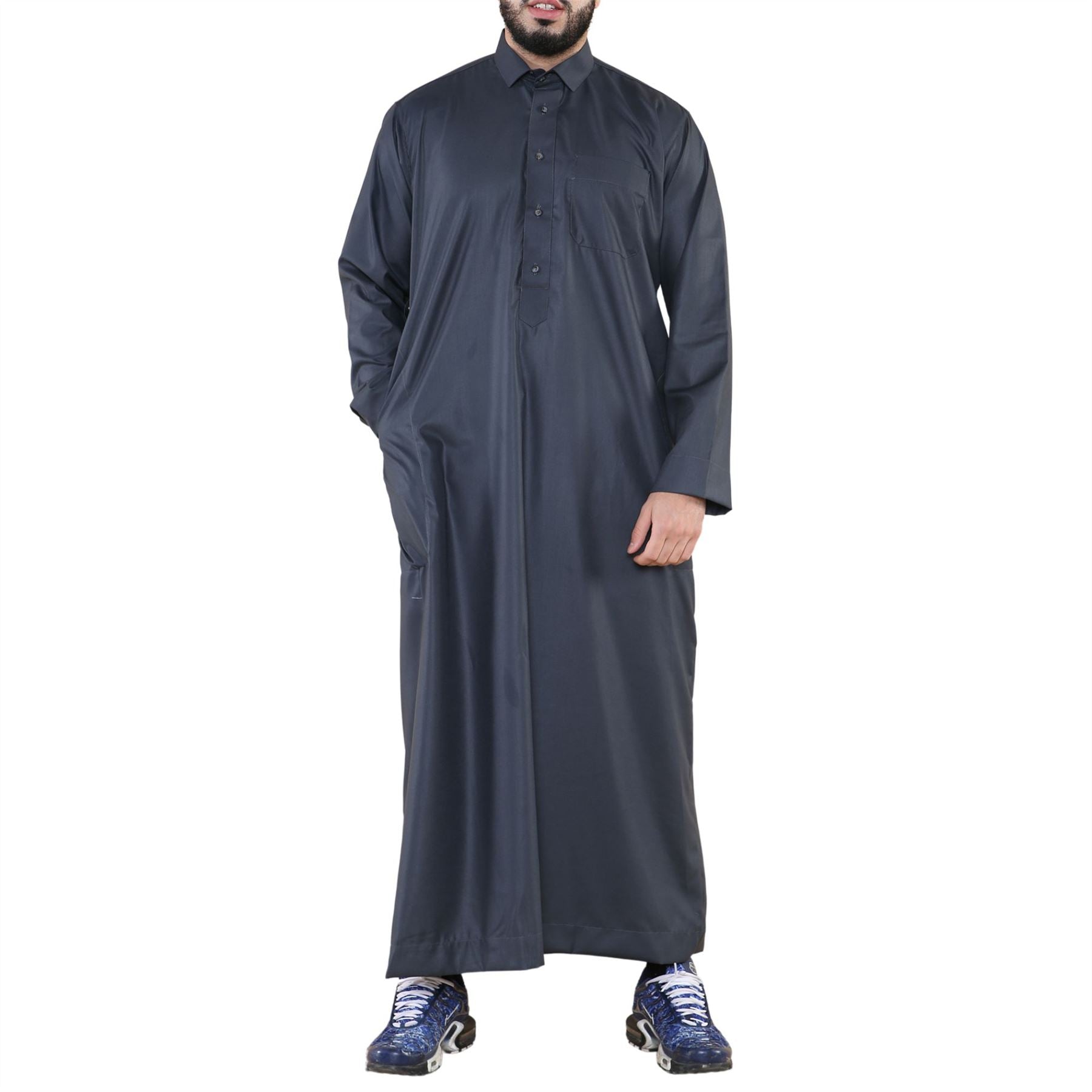 Mens Thobe Jubba Turn Down Collar Islamic Muslim Cotton Kaftan Dress Robe Arabic