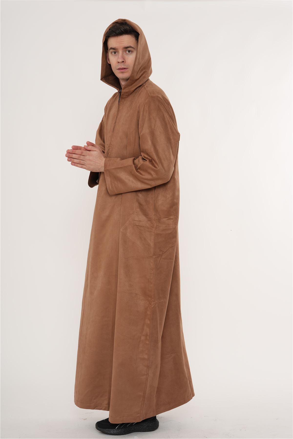 HM12 - Men's Hooded Suede Thobe Emirati Omani Zipped Thobe