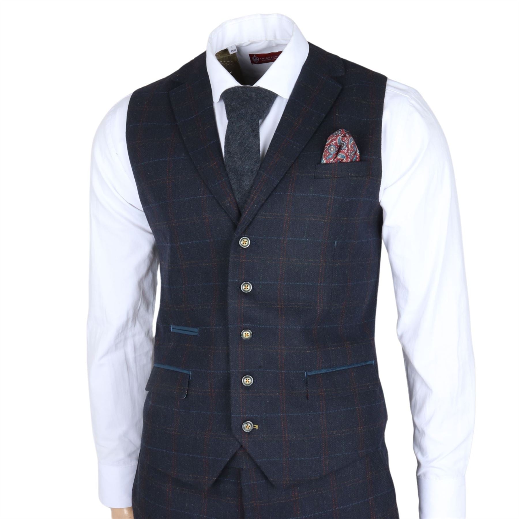 Men's Suit Wool Blend 3 Piece Navy Blue Herringbone Check Tweed Slim Fit Formal Dress