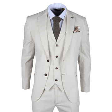 TruClothing TP-21 - Men's Beige 3 Piece Linen Summer Suit