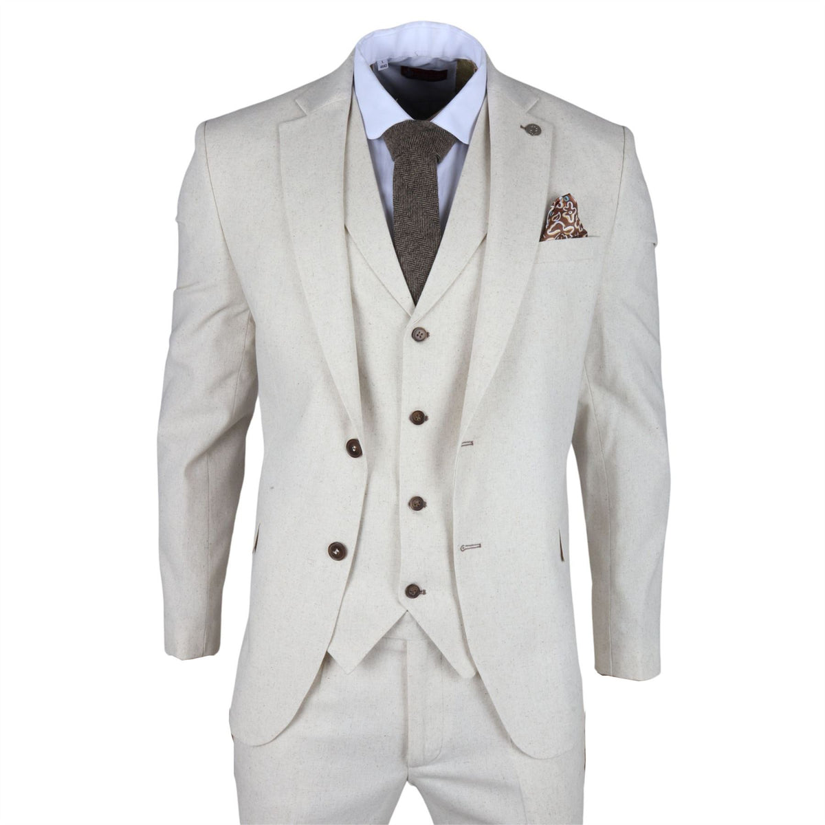 TruClothing TP-21 - Men's Beige 3 Piece Linen Summer Suit - 36" Jacket 30" Trousers