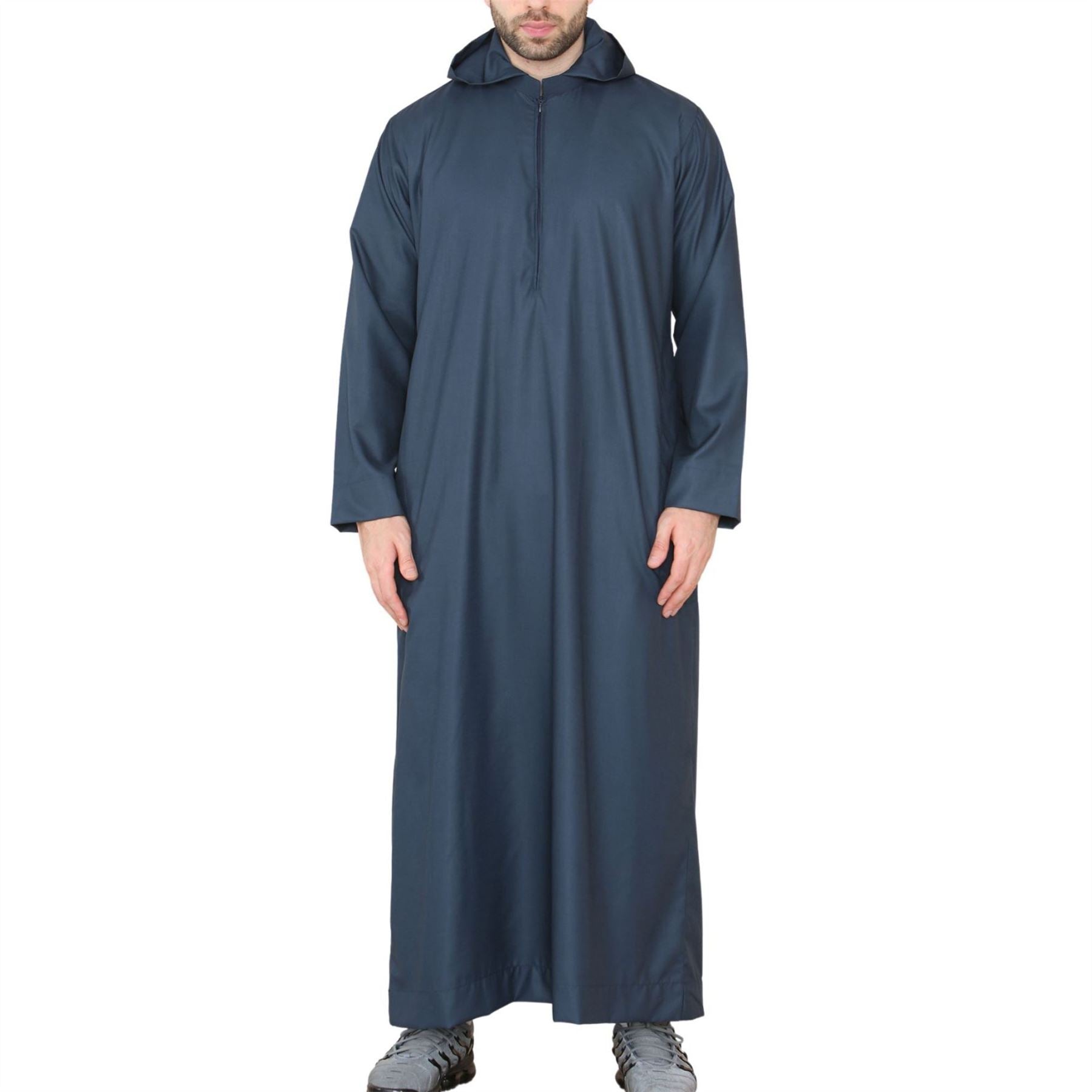 Mens Hooded Thobe Hood Jubba Nehru Stand Collar Islamic Clothing Muslim Kaftan Robe Saudi Slim Regular Fit