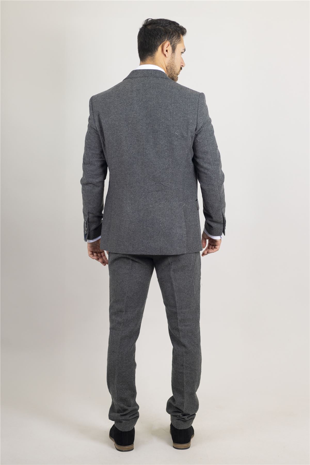Men's Suit Grey 3 Piece Herringbone Tweed Wool Blend Classic Formal Dress