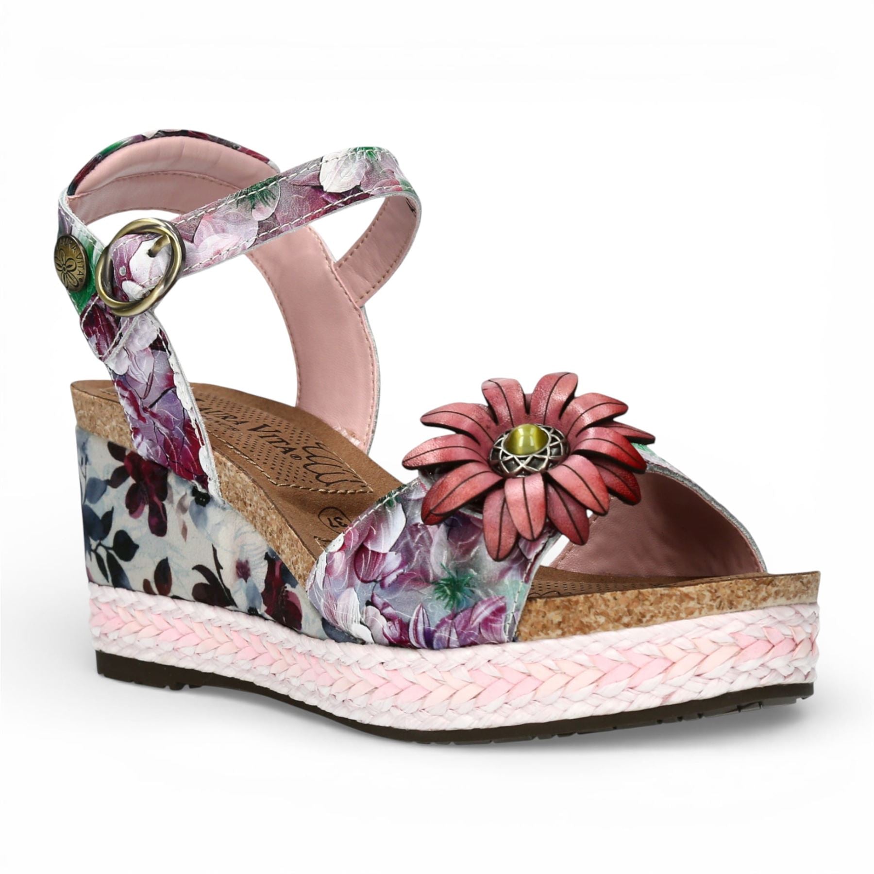 Facyo 75 - Women's Purple Floral Leather Wedge Sandals