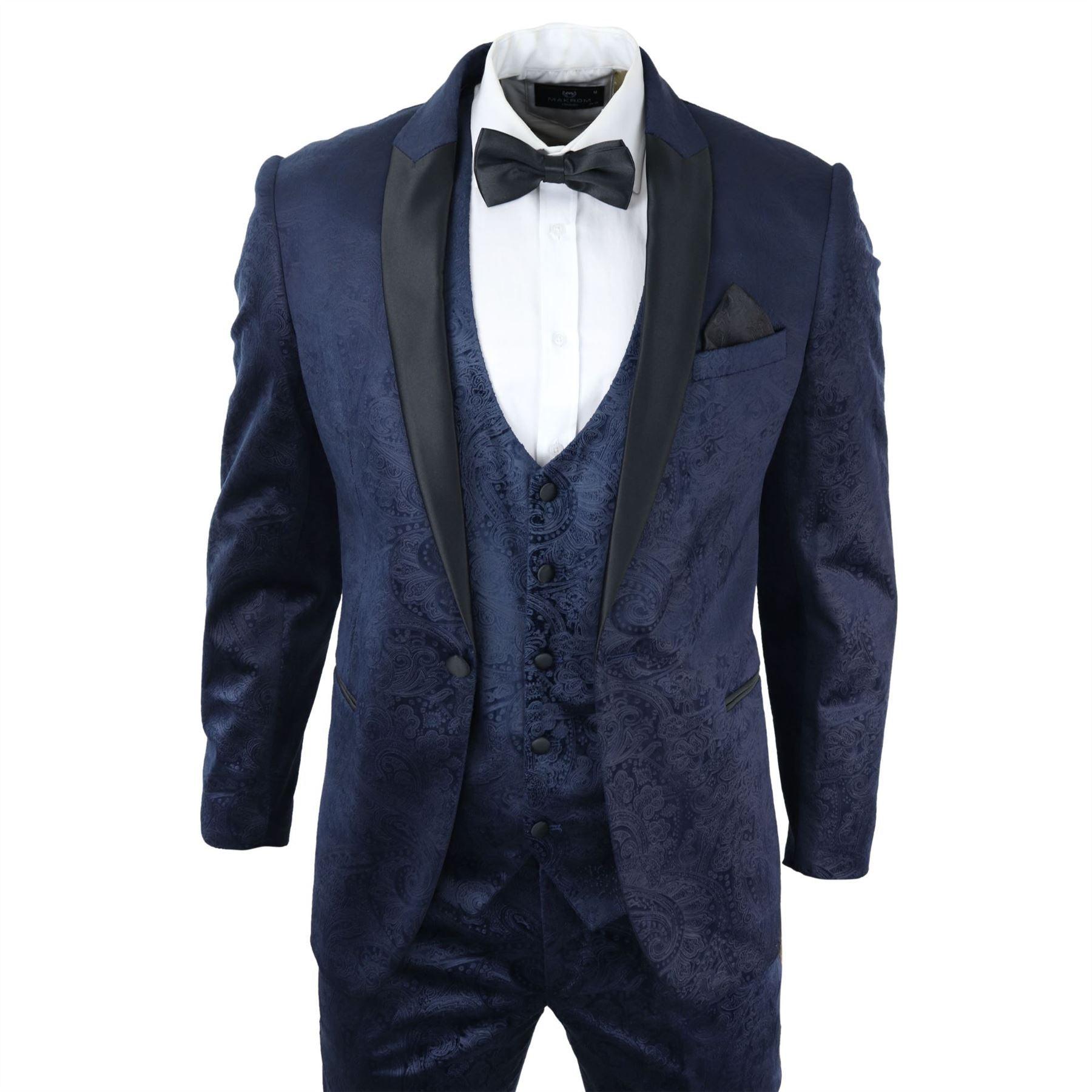 Mens Marc Darcy Velvet Paisley Blue Fit 3 Piece Suit Tuxedo Dinner Jacket Wedding - Knighthood Store