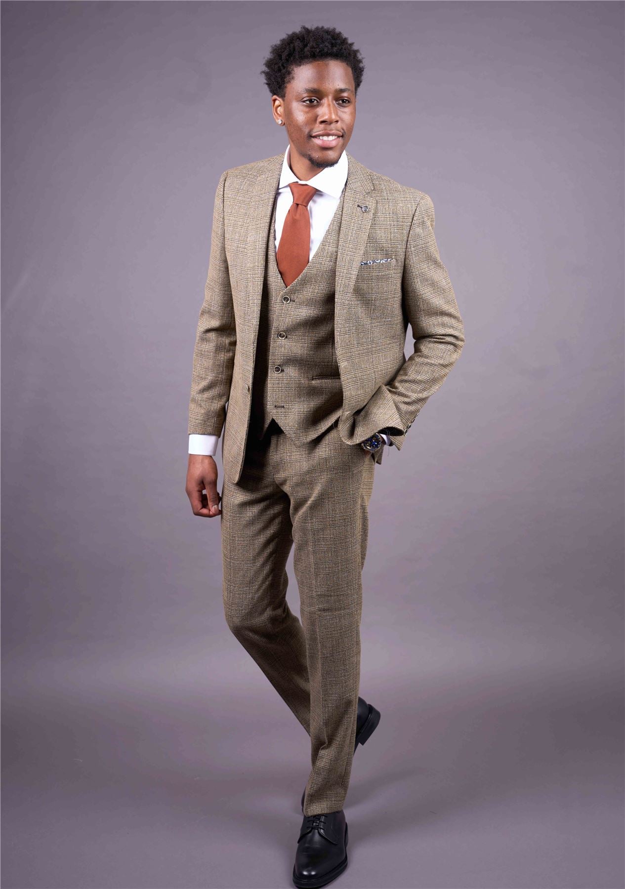 Parker - Men's Tan Brown Classic Check Slim Fit 3 Piece Suit