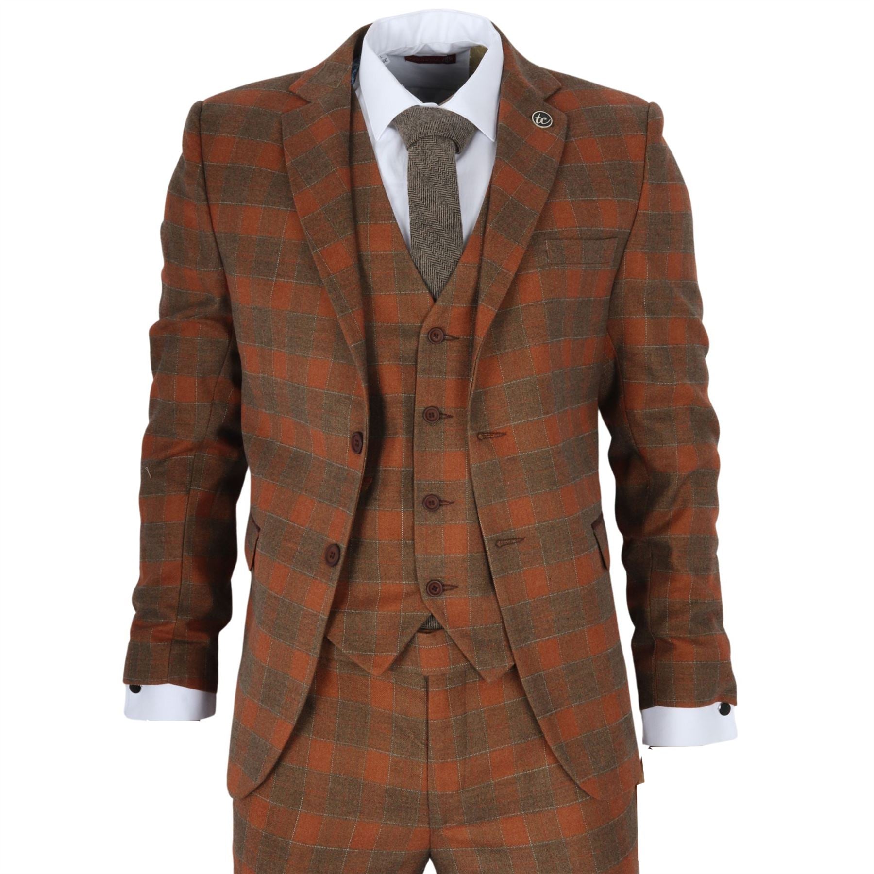Men's Suit 3 Piece Brown Checkered Tailored Fit Classic Formal Dress