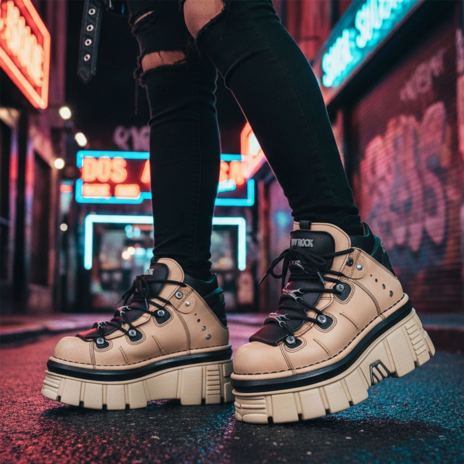 New Rock M-106-S40 Beige Leather Gothic Ankle Platform Boots