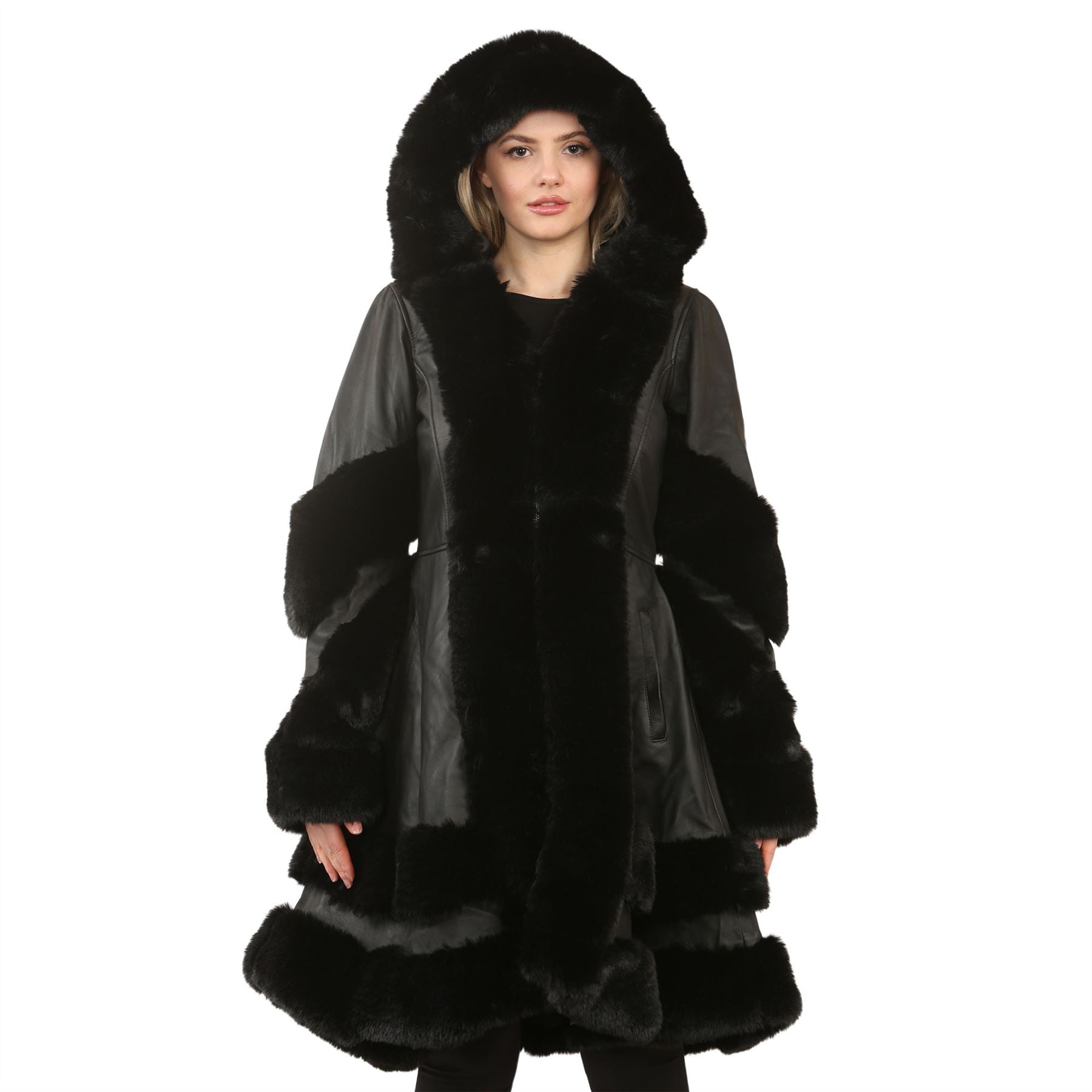 Women's Black Flared Hooded Leather Cape Coat