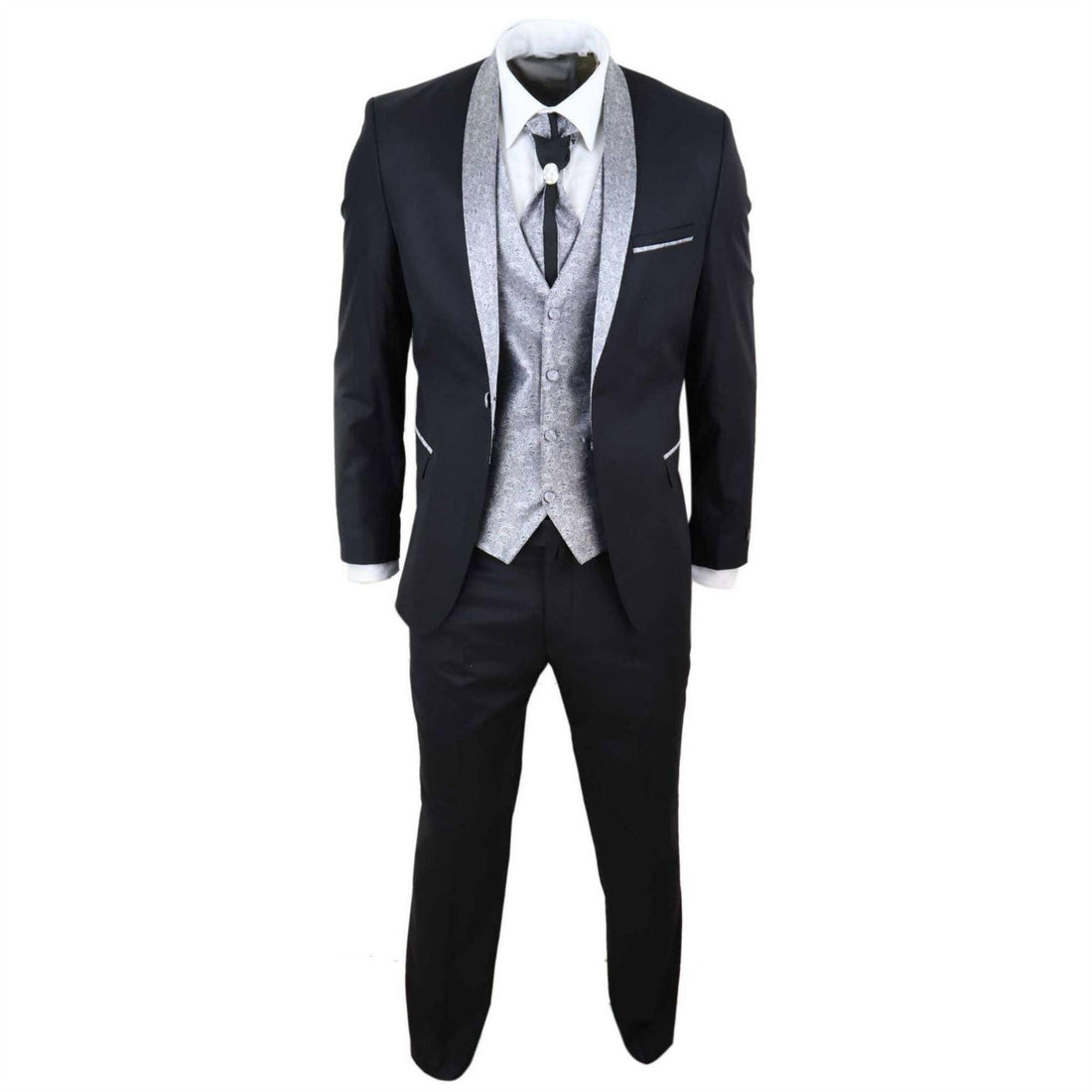 Mens 4 Piece Wedding Suit Groom Shawl Collar Vintage Black Silver Cravat Tailor - Knighthood Store