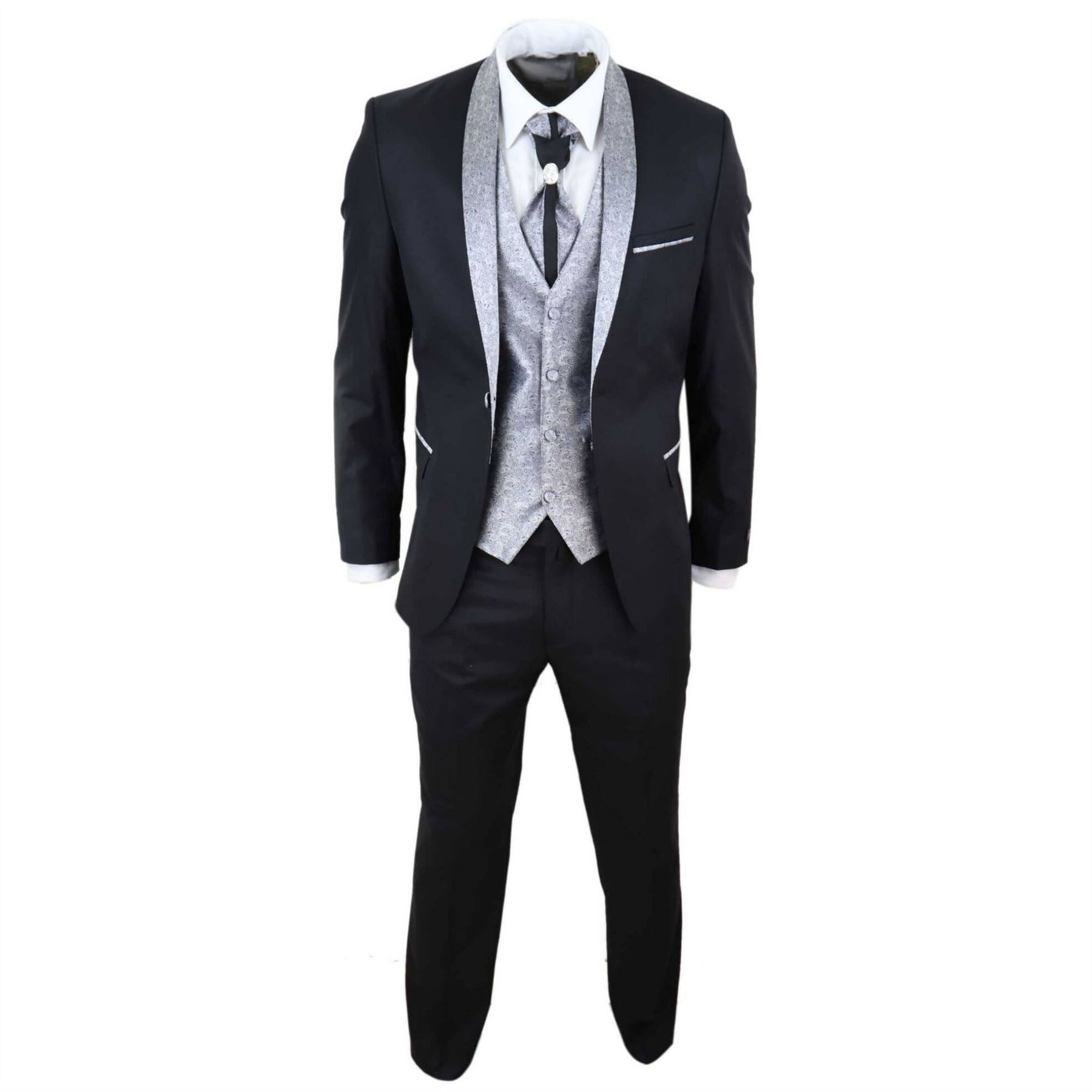 Mens 4 Piece Wedding Suit Groom Shawl Collar Vintage Black Silver Cravat Tailor