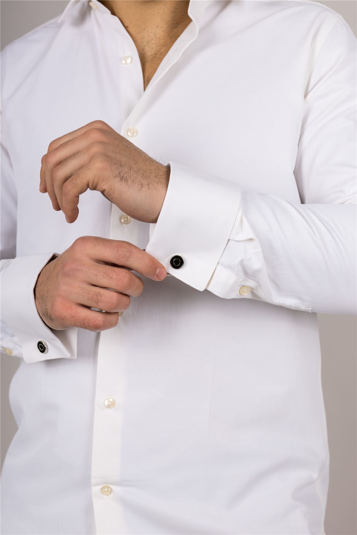 Men's Cream Long Sleeve Regular Fit Double Cuff Twill Oxford Shirt