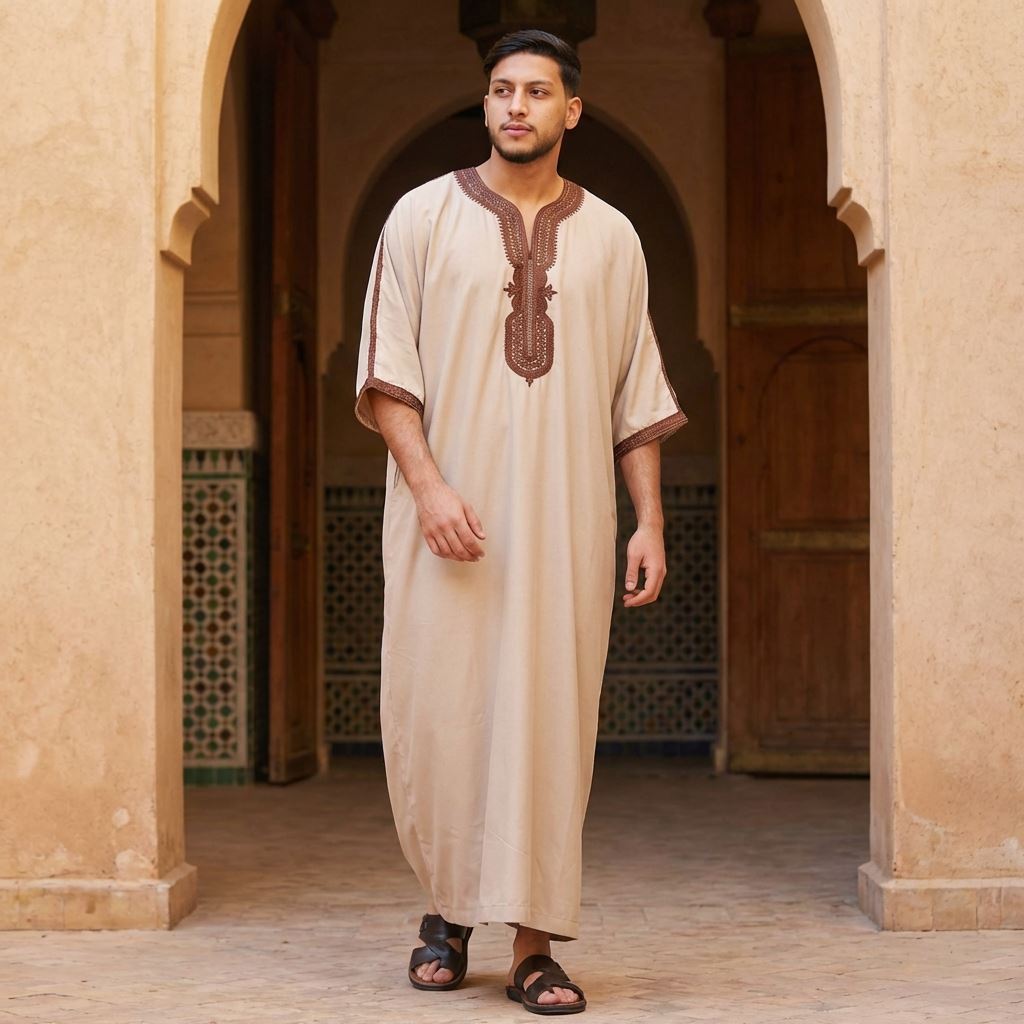 Men's Half Sleeve Embroidery Moroccan Thobe