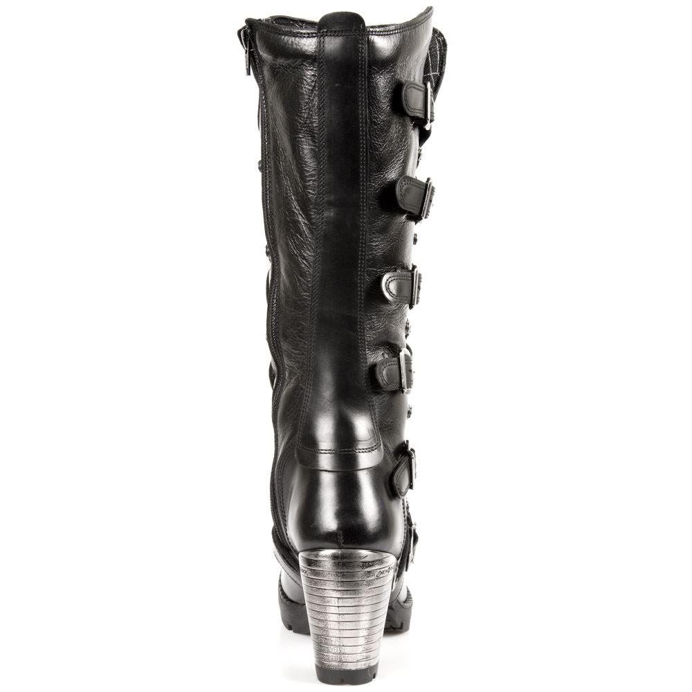 New Rock TR004-S1 Ladies Black 100% Leather Buckle Lace Knee High Biker Boots - Knighthood Store