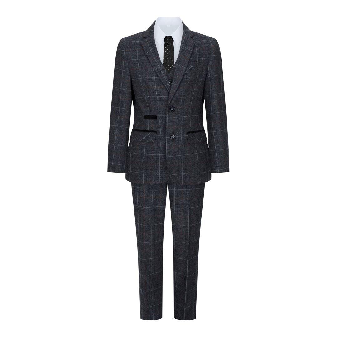 Boys Grey Black 3 Piece Tweed Suit Herringbone Wine Vintage Retro - Knighthood Store