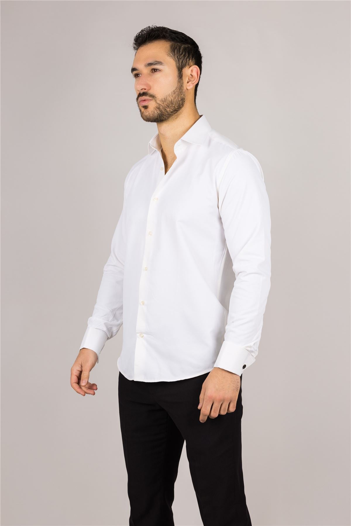 Men's Cream Long Sleeve Regular Fit Double Cuff Twill Oxford Shirt