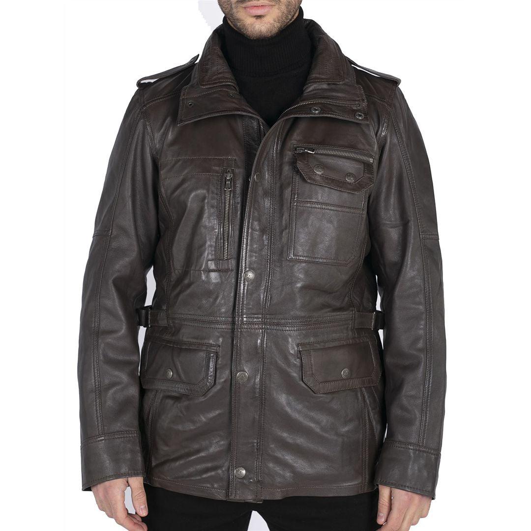 Mens 3/4 Tailored Fit Safari Parka Jacket Genuine Real Leather Military Black - Knighthood Store