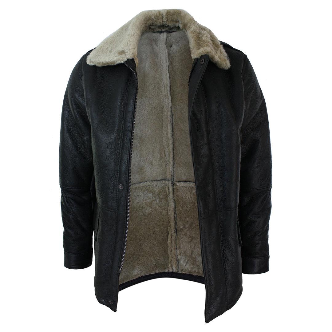 Mens Real Shearling Sheepskin 3/4 Overcoat Brown Beige Fur Warm Winter - Knighthood Store