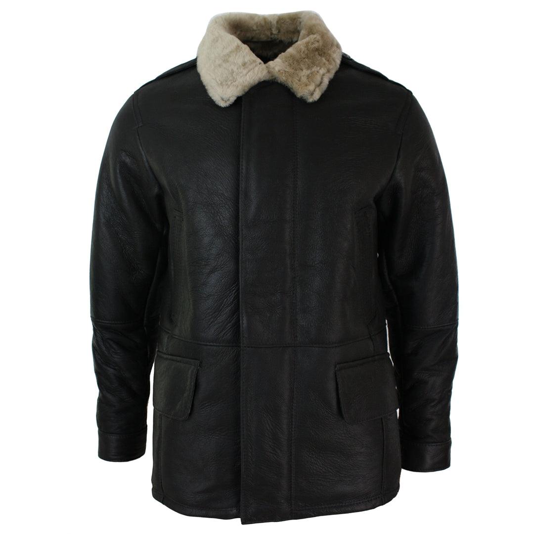 Mens Real Shearling Sheepskin 3/4 Overcoat Brown Beige Fur Warm Winter - Knighthood Store