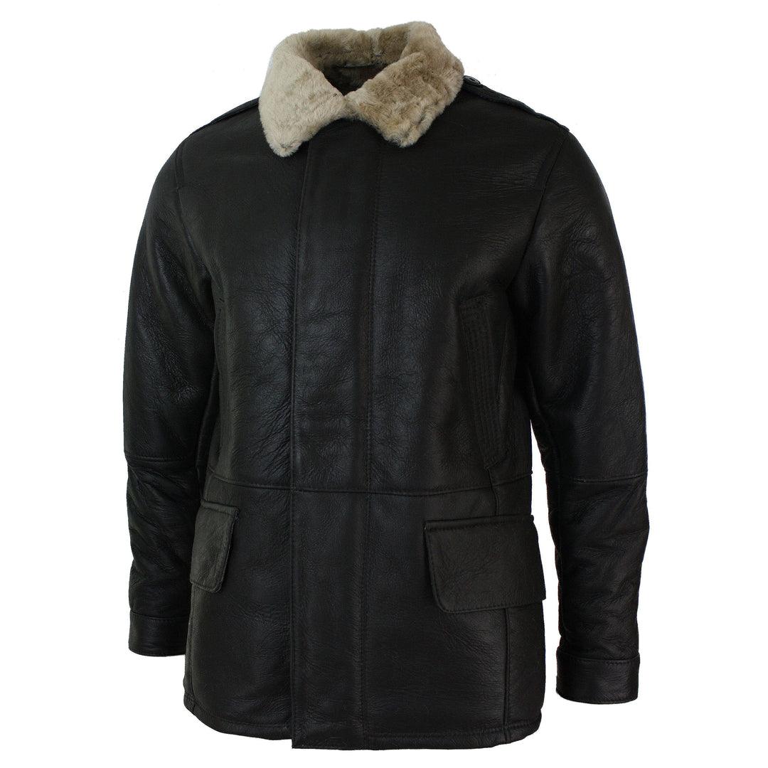 Mens Real Shearling Sheepskin 3/4 Overcoat Brown Beige Fur Warm Winter - Knighthood Store