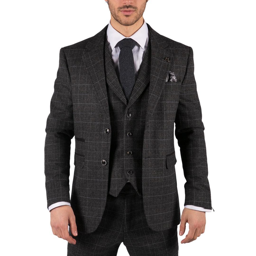 Mens Grey Tweed 3 Piece Suit Blue Check Vintage 1920s Gatsby Blinders Tailored Fit - Knighthood Store