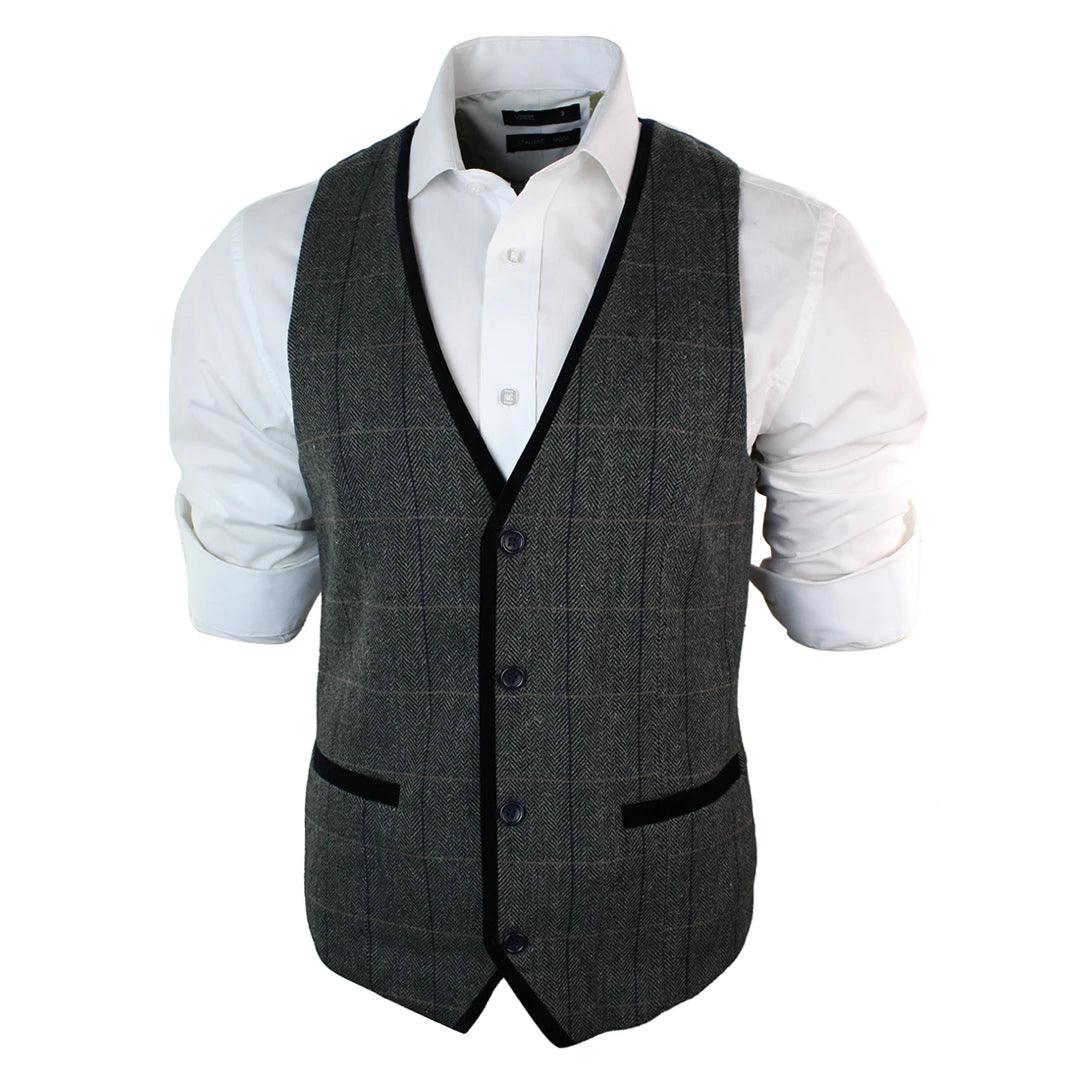Mens Vintage Tweed Check Waistcoat Herringbone Tan Brown Grey Slim Fit Velvet Trim - Knighthood Store