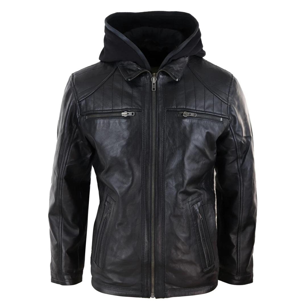 Mens Black Hoodie Real Leather Jacket Casual Removable Hood Zip Napa - Knighthood Store