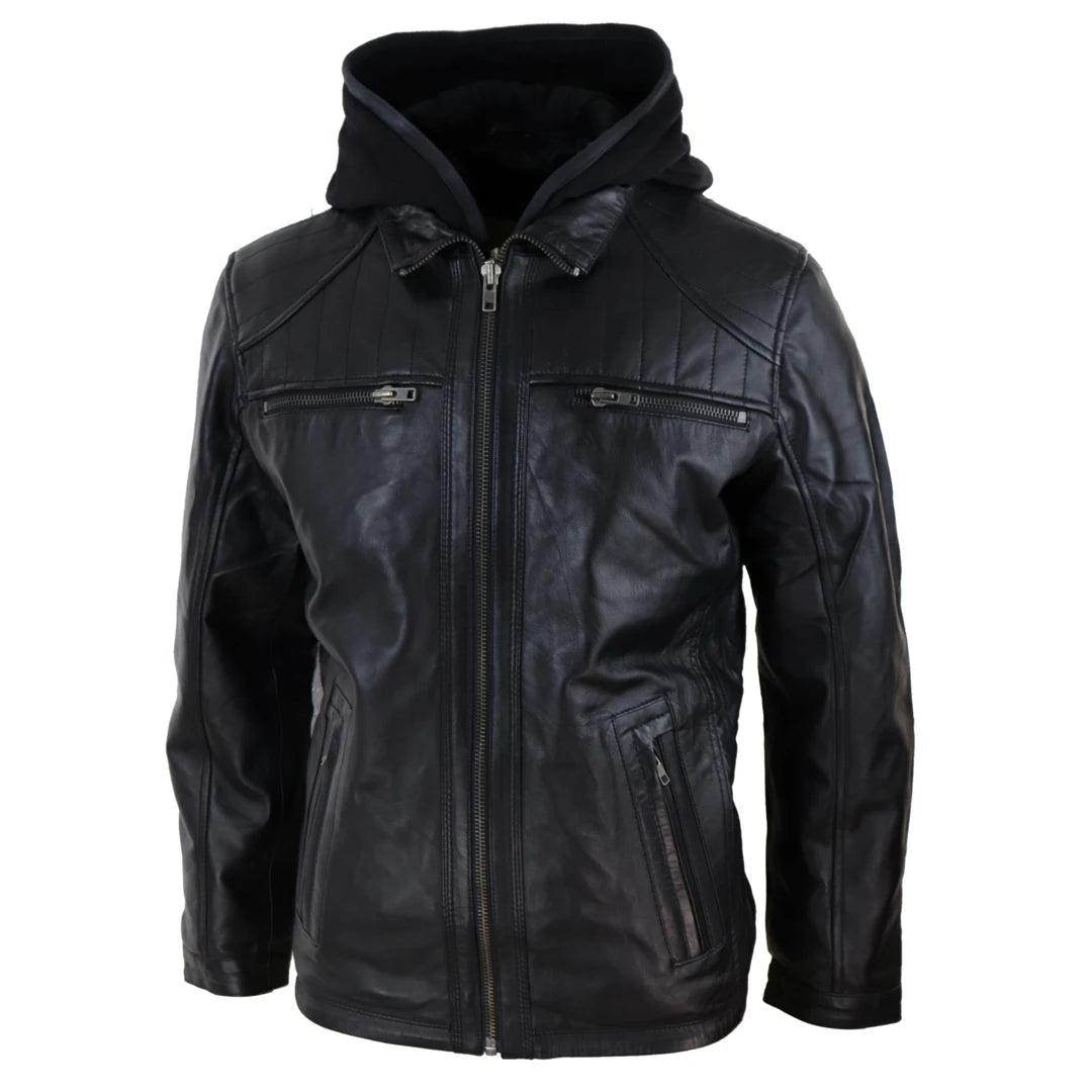 Mens Black Hoodie Real Leather Jacket Casual Removable Hood Zip Napa - Knighthood Store