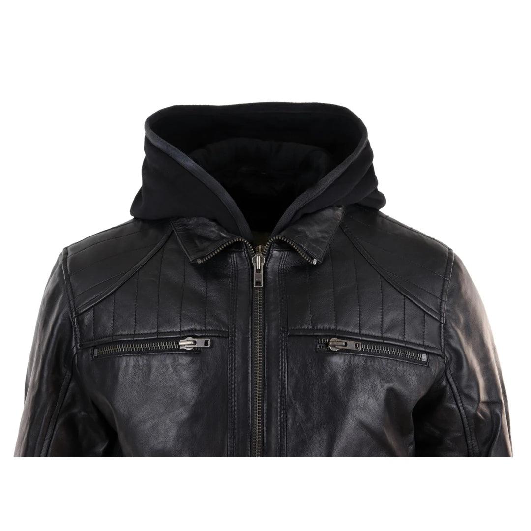 Mens Black Hoodie Real Leather Jacket Casual Removable Hood Zip Napa - Knighthood Store