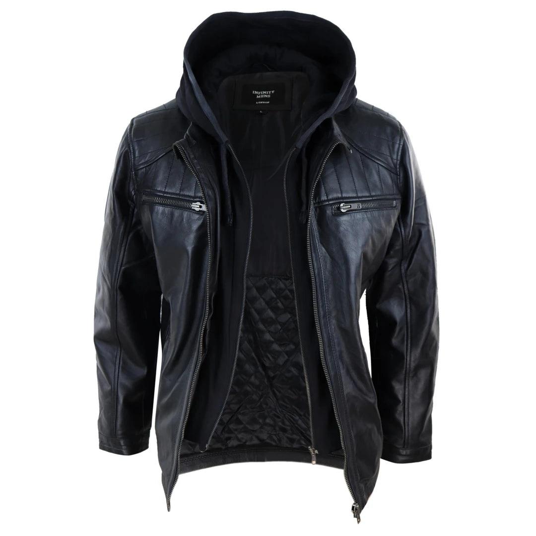 Mens Black Hoodie Real Leather Jacket Casual Removable Hood Zip Napa - Knighthood Store