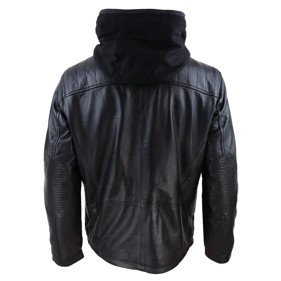 Mens Black Hoodie Real Leather Jacket Casual Removable Hood Zip Napa - Knighthood Store