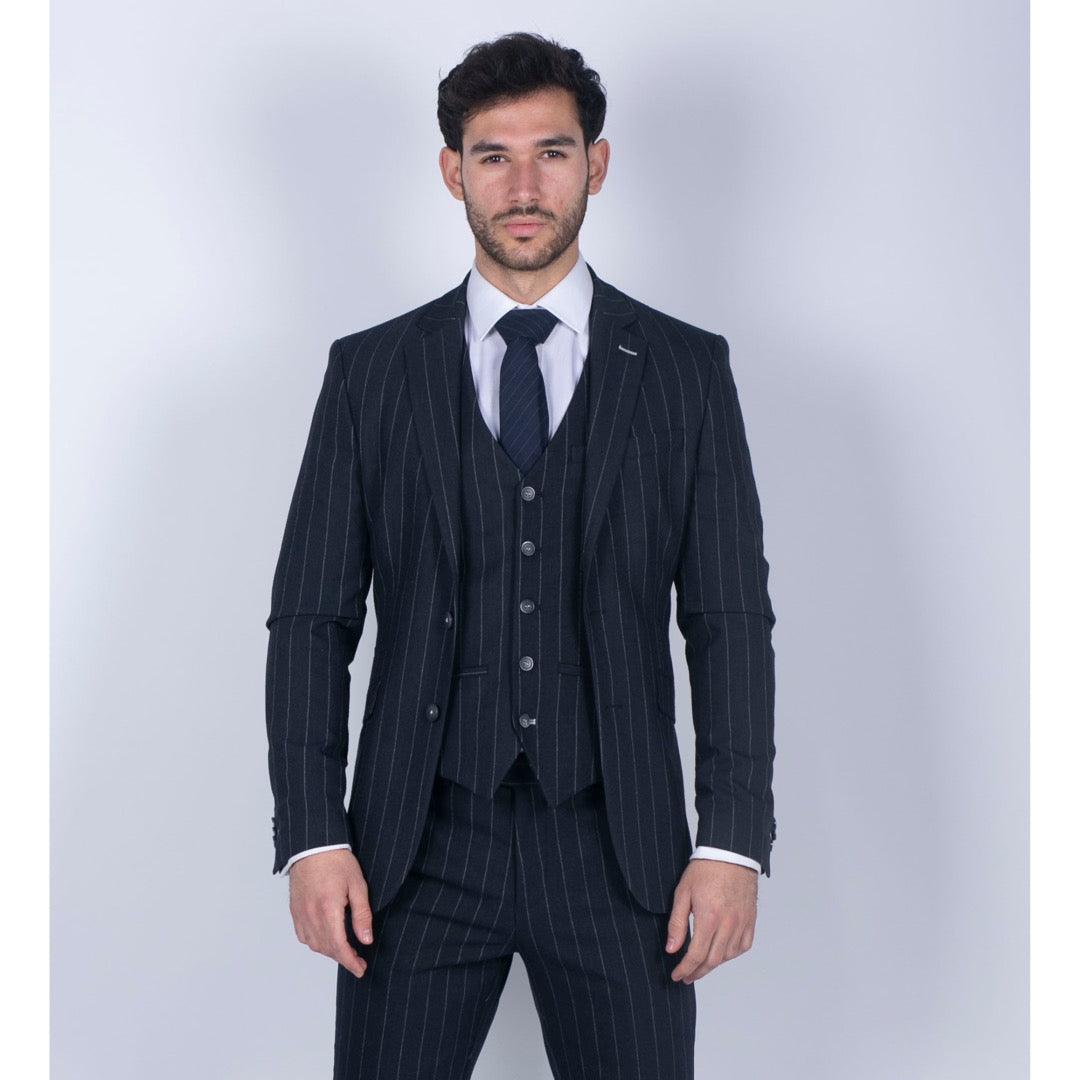 Mens 3 Piece Suit Pin Stripe Navy Classic Vintage Retro 1920s Tailored Fit Wedding - Knighthood Store