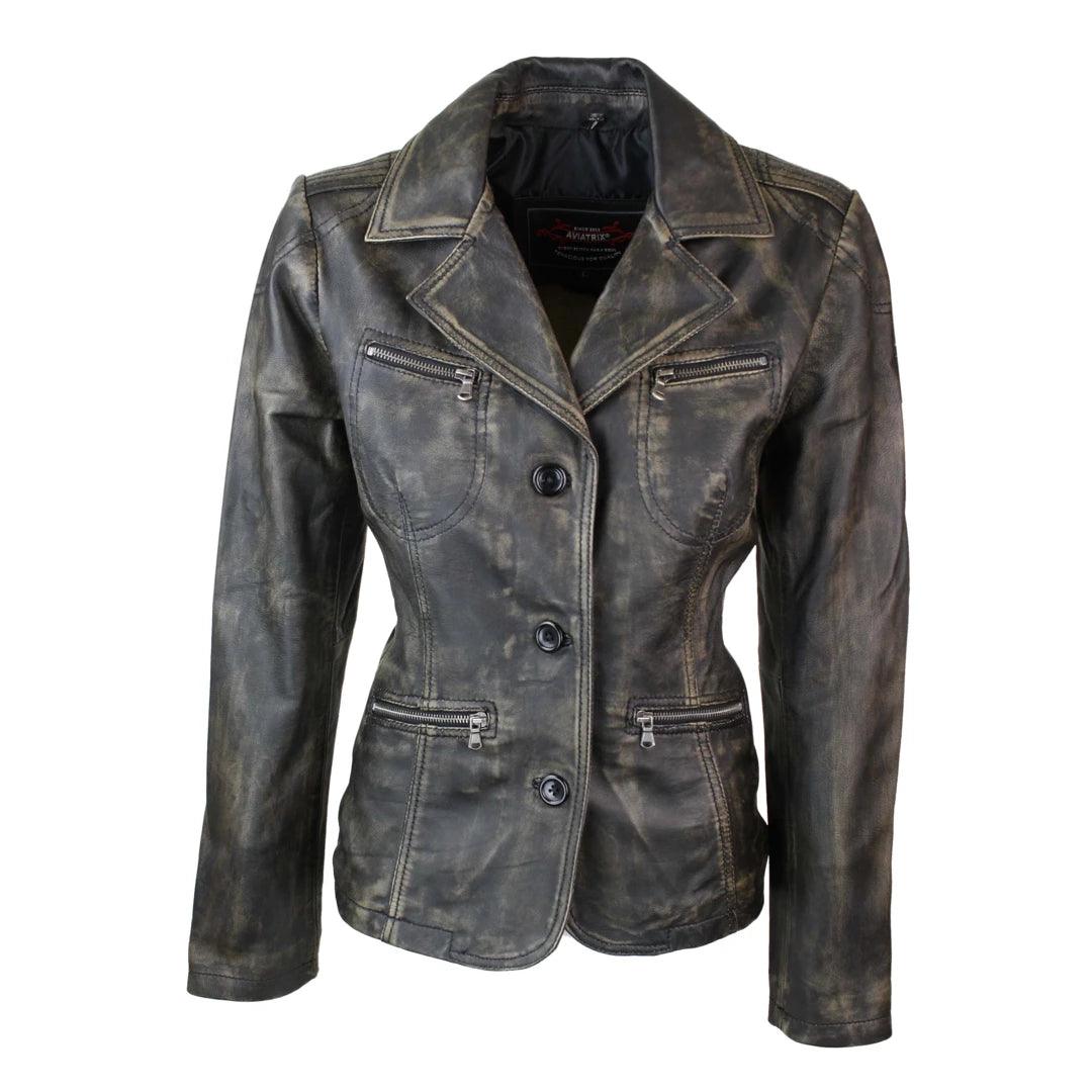 Ladies Women Genuine Real Leather Blazer Slim Fit Black Gold Vintage Jacket - Knighthood Store