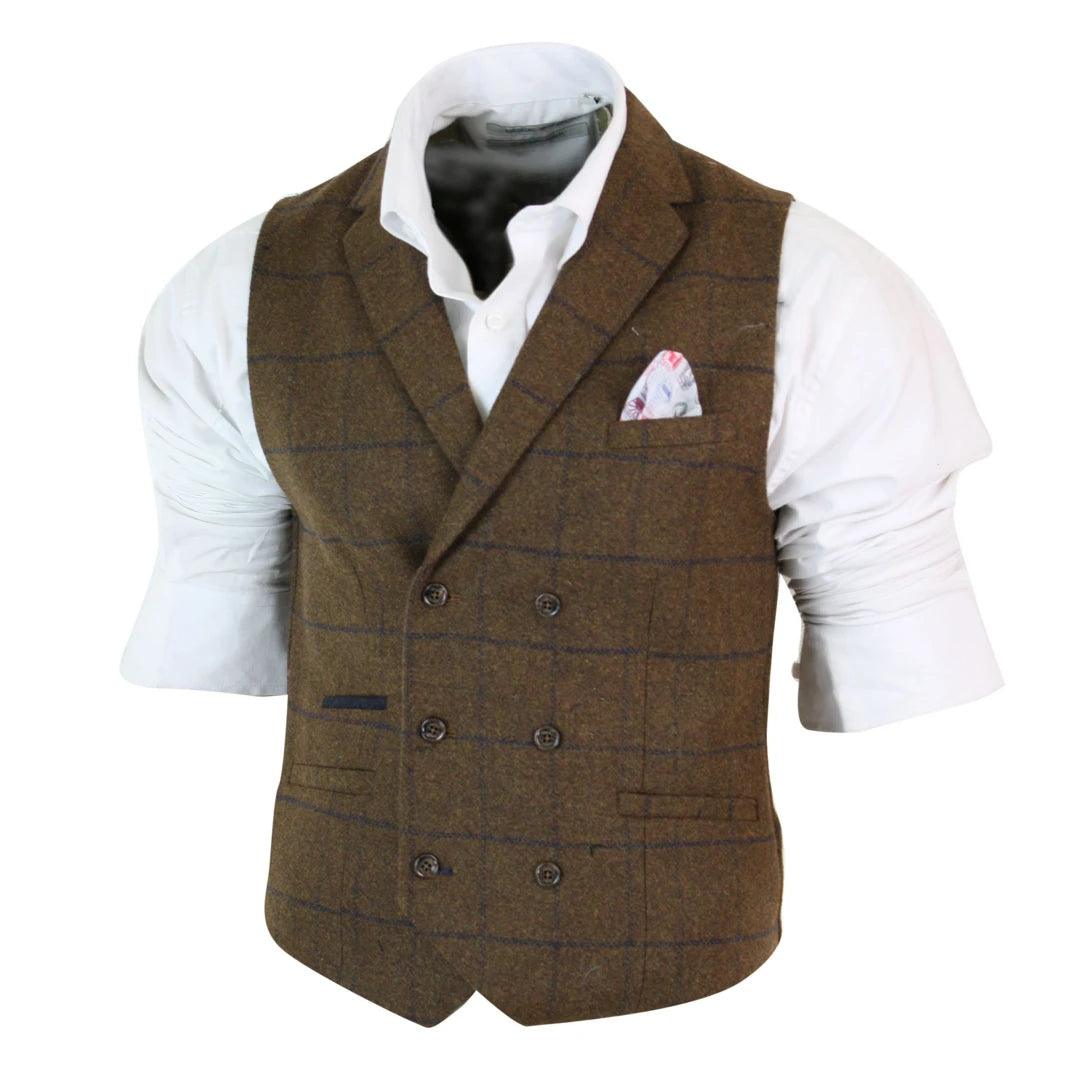 Mens Double Breasted Herringbone Tweed Blinders Vintage Check Waistcoat - Knighthood Store