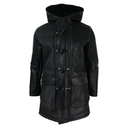 Mens Real Shearling Sheepskin 3/4 Hood Duffle Jacket Black Fur Warm Winter - Knighthood Store